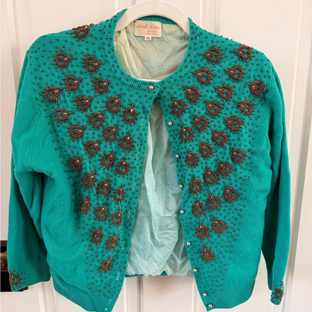 Vintage Style Embellished Turquoise Sweater